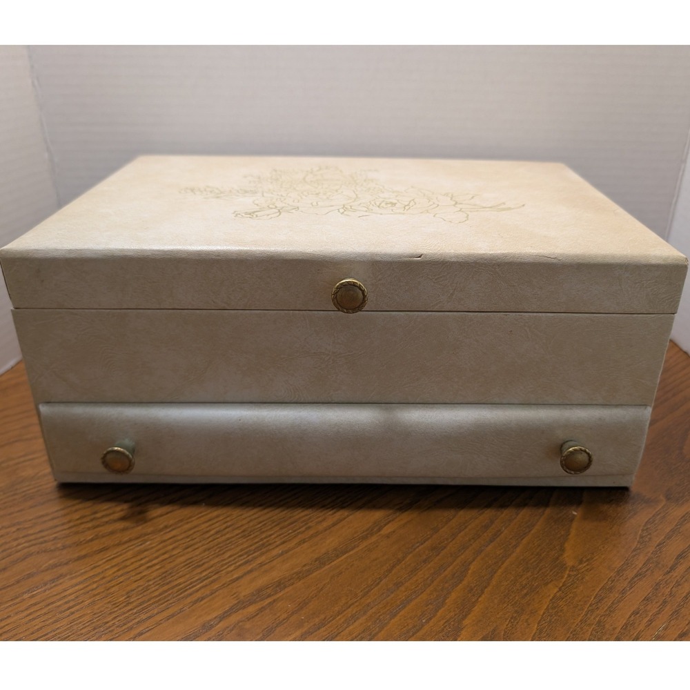 Vtg Buxton Jewelry Box Cream Gold Floral Red Velvet Lining Made USA Large READ